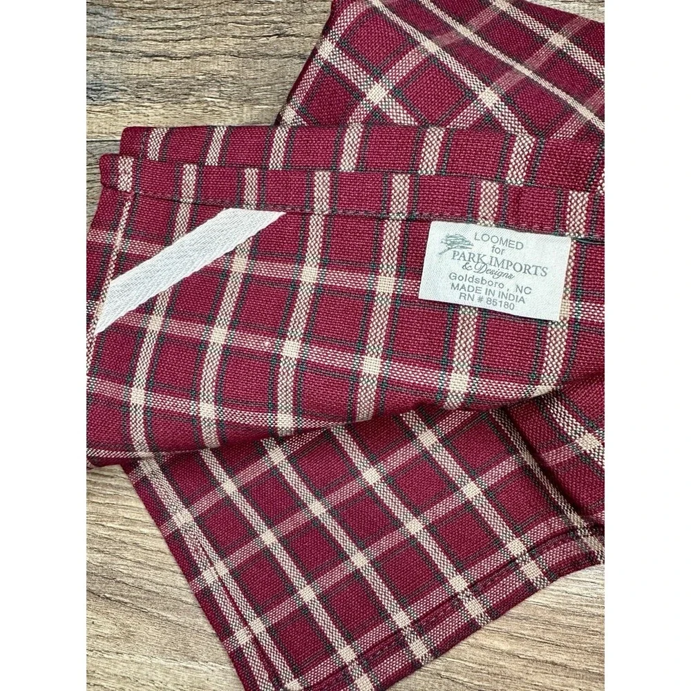 New Set Of 3 Park Imports & Design Plaid Loomed Burgundy Hand Dish Kitchen Towel